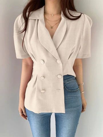 Double Breasted Puff Sleeve Blazer--Check latest price! Puff Sleeve Blazer, Women Blazers, Office Women, Lapel Blazer, Blazer Designs, Classy Style, Elegant Shirt, Cut Shirts, Kawaii Fashion