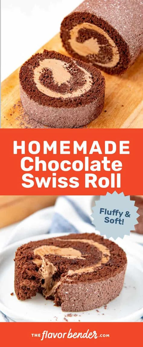 Chocolate Sponge Roll, Choc Swiss Roll Recipe, Fluffy Swiss Roll Recipe, Chocolate Roll Cake Recipe Easy, Cake Roll Filling Recipes, Swiss Roll Filling, Easy Swiss Roll Cake, Chocolate Roll Cake Recipe, Chocolate Cake Roll Recipe