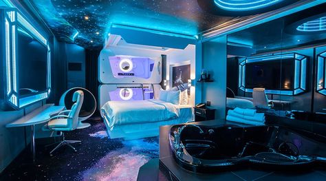 Space theme room at Fantasyland Fantasyland Hotel, Futuristic Rooms, Movie Themed Rooms, Futuristic Home Decor, Themed Hotel Rooms, Cyberpunk Room, Futuristic Bedroom, Mansion Bedroom, Space Themed Room