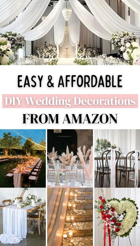 Planning a wedding on a budget doesn’t mean you have to compromise on style and elegance. Discover stunning DIY wedding decoration ideas that you can easily recreate using affordable items from Amazon. From charming centerpieces to elegant table settings, these creative ideas will add a personal touch to your special day without breaking the bank. Explore our curated selection of budget-friendly products that you can find on Amazon to bring these DIY decorations to life. Each idea is paired with a list of Amazon items you’ll need to achieve the look. Whether you’re looking for rustic chic, classic elegance, or modern flair, these decorations will transform your wedding venue into a dreamy celebration space. Get inspired and make your wedding day unforgettable! Cheap Ideas For Wedding Decorations, Decorations Needed For Wedding, Wedding Ideas On A Budget Summer, Garage Wedding Decor, Small Room Wedding Decor, Affordable Wedding Reception Ideas, Affordable Centerpieces Diy, Classy Wedding On A Budget, Wedding Must Haves Decorations