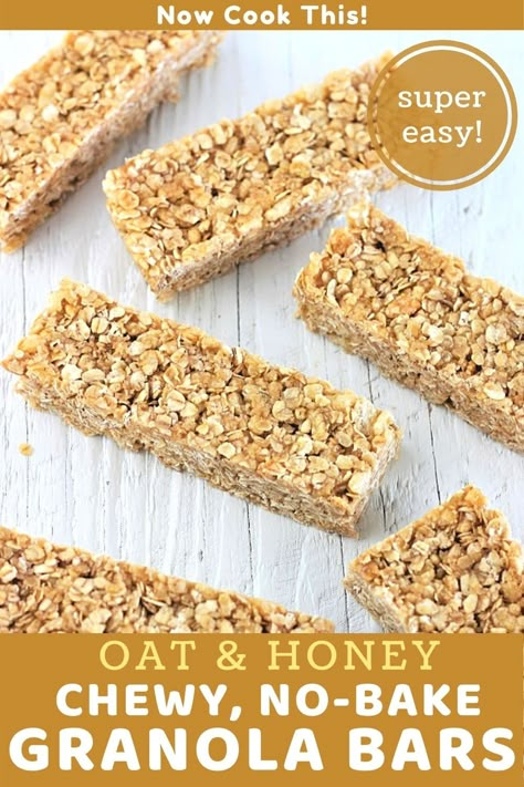 These homemade Oat and Honey Chewy No-Bake Granola bars are so quick, easy, and delicious that you may never buy granola bars again. Think crispy treats meets granola bar! Get the recipe and give them a try! #homemadegranolabars #granolabars #chewygranolabars #nobakegranolabars Sunbelt Granola Bars, Honey Granola Bar Recipe, Diy Granola Bars, Oatmeal Granola Bars, Chewy Granola Bars Homemade, Bake Granola Bars, Easy Granola Bars, Oat Bar Recipes, No Bake Granola Bars