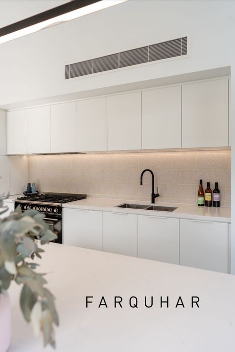 Aterra Blanca Caesarstone Kitchen, White Kitchen With Black Handles, White Kitchen Handles, Kitchen Renovation Inspiration, Polished Concrete Floors, Black Counter Stools, White Handles, Flip Ideas, Wood Floor Kitchen