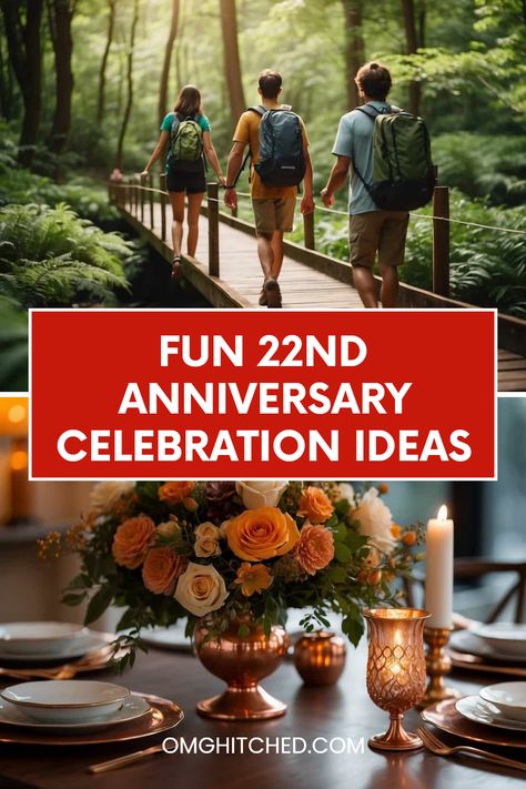 Celebrate your 22nd wedding anniversary with these exciting and unique ideas! Whether it's a hiking adventure through lush green forests or a romantic dinner with beautiful copper-themed decorations, there’s something special for everyone. Enjoy unforgettable experiences that will bring you both even closer. Make delicious memories together, from spending time outdoors to setting up a classy dinner at home. Discover how to celebrate this milestone year in style with these easy and lovely ideas that will ignite joy and togetherness! Anniversary Celebration Ideas, Wedding Anniversary Ideas, 22nd Wedding Anniversary, Classy Dinner, 22nd Anniversary, Themed Decorations, Copper Gifts, Celebration Ideas, Dinner At Home