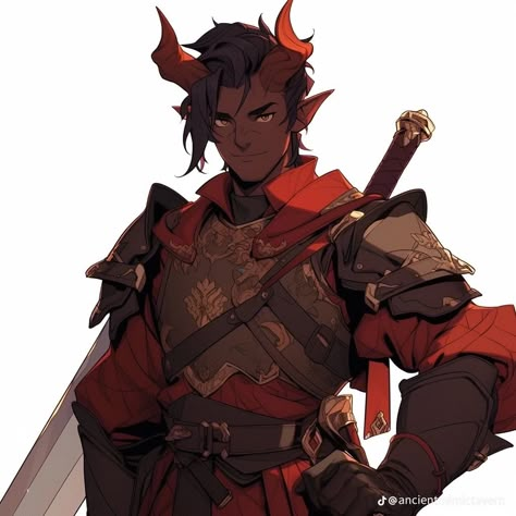 Teifling Male Character Art, Tiefling Fighter Male, Paladin Dnd Male, Tiefling Paladin Male, Male Tiefling Character Design, Tiefling Knight, Red Tiefling Male, Dnd Tiefling Male, Paladin Character Art