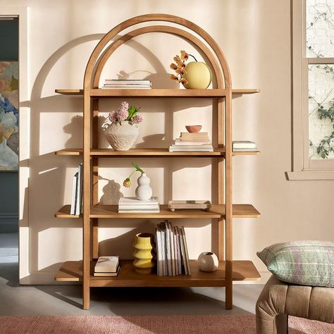 Adairs Lunar Oak Bookshelf Curved Wooden Bookcase, Arched Bookshelf Styling, Green In Living Room, Arch Shelves, Curved Bookshelf, Aesthetic Book Shelf, Arched Shelves, Arched Shelving, Arch Bookshelf