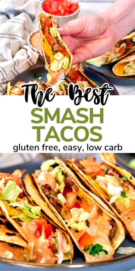 Discover how to create delicious Smash Tacos at home! This easy, cheesy, and gluten-free recipe uses fresh veggies and simple ingredients. Enjoy a crisp low-carb tortilla with seasoned beef, melty cheddar, and an incredible sauce. Smash Tacos Recipe, Best Tacos Ever, Tacos At Home, Mac Tacos, American Food Recipes, Homemade Big Mac, Gluten Free Tacos, Gf Df Recipes, The Best Tacos