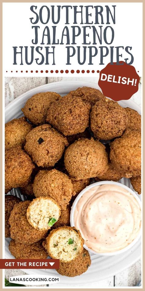 These Southern Hush Puppies with jalapeno are crispy on the outside with a tender, moist interior and a must for any kind of fried fish. https://www.lanascooking.com/southern-hush-puppies/ Mexican Hush Puppies Recipe, Southern Hush Puppies, Hush Puppies Recipe, Cornbread Easy, Comfort Soup Recipes, Boricua Recipes, Jalapeno Recipes, Fried Fish Recipes, Weekend Cooking