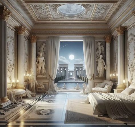 Roman Bedroom, Ancient Greek Bedroom, Greek God Room Aesthetic, Greek Palace, Greek Gods Room Aesthetic, Roman Inspired House, Greek Mythology Room Ideas, Greek Mythology House, Greek Mythology Bedroom