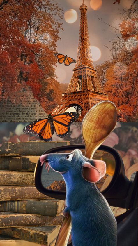 Remy from Ratatouille in Paris #myfirstshuffle #ratatouille #paris #vintage #moodboard #aesthetic #fall #autumn #eiffeltower Ratatoullie Wallpaper, Remy The Rat Aesthetic, Ratatouille Aesthetic Wallpaper Laptop, Ratatouille Paris Wallpaper, Ratatouille Disney Aesthetic, Ratatouille Astethic, Ratatouille Wallpaper Aesthetic, Ratatouille Iphone Wallpaper, Aesthetic Ratatouille