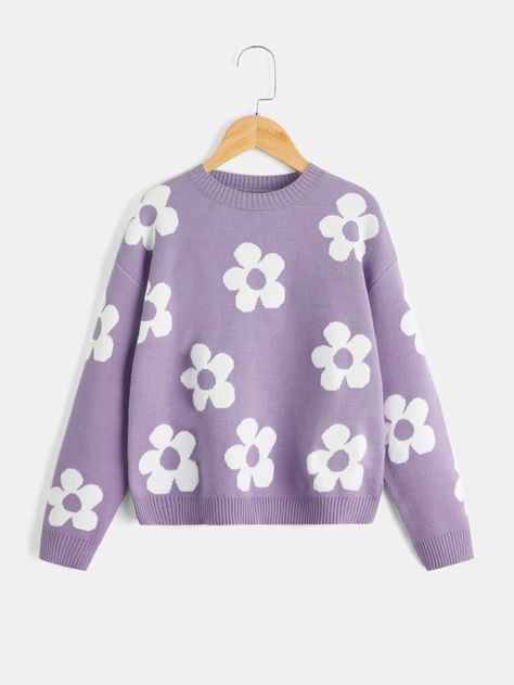 Floral Pullover, Pullover Outfit, Estilo Preppy, Floral Knit, Long Sleeve Pullover Sweater, Drop Shoulder Sweaters, Purple Sweater, Plus Size Kleidung, Knitting Girls