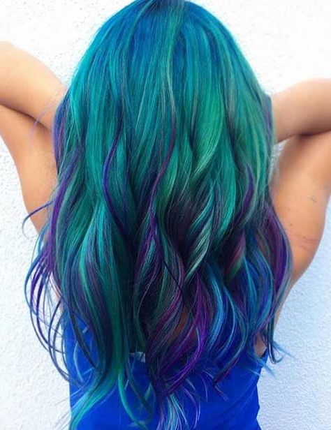 25 Mesmerizing Mermaid Hair Color Ideas Mermaid Hair Color Ideas, Green And Blue Hair, Peacock Hair Color, Blue And Green Hair, Pastel Blue Hair, Mermaid Hair Color, Hair Colorful, Galaxy Hair, Latest Hair Color