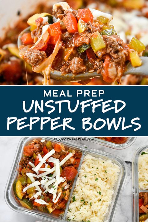 These Meal Prep Unstuffed Pepper Bowls are loaded with flavor and packed with veggies like zucchini, onion, tomatoes, and peppers, of course! Pair with your fave rice or other side for the perfect make-ahead lunch! ProjectMealPlan.com Unstuffed Pepper Bowls, Quick Meal Prep, Healthy Lunch Meal Prep, Dinner Meal Prep, Work Meals, Easy Healthy Meal Prep, Macro Meals, Prepped Lunches, Meal Prep Bowls