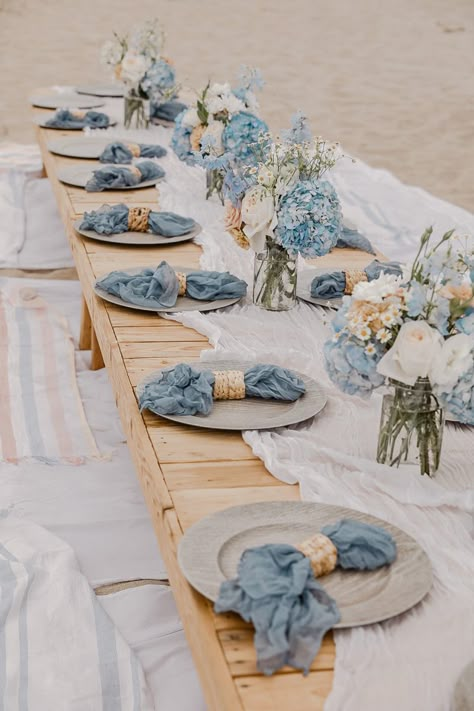 Engagement Party Beach Picnic Nantucket Theme Party, Beach Bachelorette Party Ideas, Long Table Runners, Beach Engagement Party, Wedding Party Table Decor, Cheese Cloth Table Runner, Beach Picnic Party, Party Ideas Themes, Dinner Tablescape