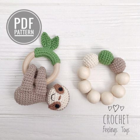 Crochet Teether Pattern, Crochet Rattle Pattern, Plush Pattern Crochet, Crochet Teether, Sloth Crochet, Teether Pattern, Rattle Crochet, Crochet Rattle, Crochet Sloth