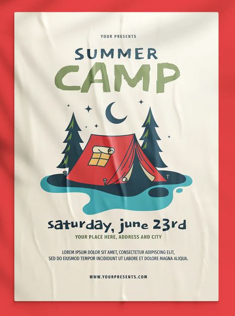 Art Pamphlet Design, Summer Camp Design Inspiration, Summer Camp Banner Design, Event Graphics Design, Camping Flyer Design, Summer Camp Flyers, Summer Camp Graphic Design, Summer Camp Poster Design, Camping Poster Design