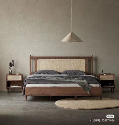 Idea Bilik Tidur, Reka Bentuk Bilik Tidur, Low Profile Bed Frame, Retro Bed, Solid Bed, Hiasan Bilik Tidur, Rattan Bed, Solid Wood Bed, Wooden Bed Frames