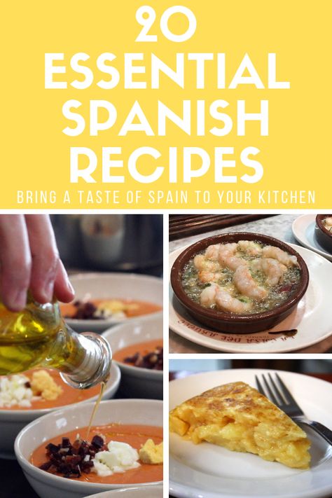 If you're wondering how to make authentic dishes from Spain, you've come to the right place. Here are 20 essential Spanish recipes, from appetizer ideas to tapas recipes to crowd-pleasing dinners and more. From the healthy, veggie-heavy options to sweet and indulgent desserts, it's all here—just be sure to serve these traditional meals with one of your favorite Spanish red wines! #Spain #foodie Dishes From Spain, Spanish Food Spain, Authentic Spanish Recipes, Spanish Recipe, Spanish Dinner, Easy Spanish Recipes, Spanish Tapas Recipes, Traditional Spanish Recipes, Recipes To Make At Home