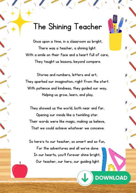 Gift for Teacher Teacher Appreciation Poem Teacher Poem Printable End of Year Teacher Gift Preschool Teacher Gift - Etsy Appreciation Poem, Teacher Appreciation Poems, Teacher Poems, Preschool Teacher Gifts, Preschool Gifts, Teacher Personalized, Teacher Inspiration, Teacher Printable, Poems Beautiful