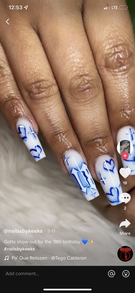 Letter Nail Designs Initials Blue, Blue Nails Ideas With Initial, Boyfriend Initial Nails Blue, Blue Nails With Initials Acrylic, Blue Acrylic Nails With J Initial, 17th Birthday Nails Acrylic, 14th Birthday Nails, 18th Nails, 19th Birthday Nails