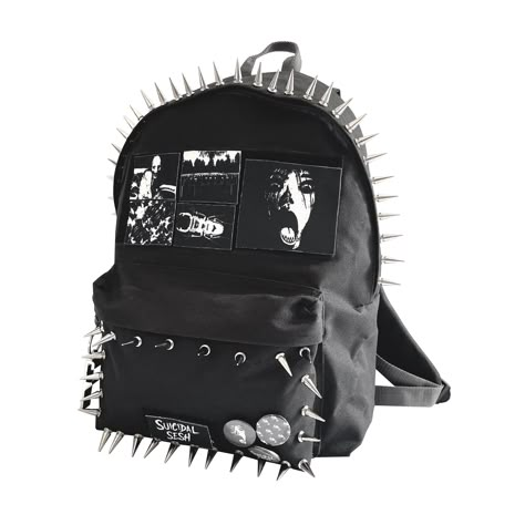 Product Details - Each Bag takes around 2 Weeks to make. - 50+ Spikes - 6 Velcro Patches - 3 Pins - Bottle Opener Keyring - Polyester - Zippered front pocket - Padded back panel - Padded adjustable shoulder straps - Grab handle - Dimensions: 42 x 31 x 21cm - Capacity 18 Litres Patched Bag, Spiked Backpack, Patched Backpack, Punk Backpack, Goth Backpack, Spike Bag, Punk Fashion Diy, Type Tattoo, Alt Clothes