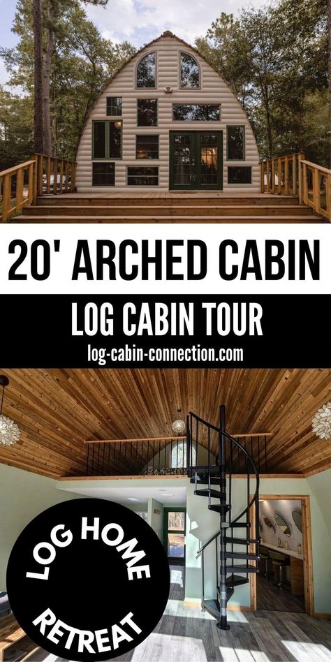 You'll love the mix of modern and rustic in the 20' arched cabin with a gorgeous front wall of windows bringing in natural light! Arched Cabins 24x40, Arched Cabin Interior Design, Arched Cabin Interior, Airbnb Cabin Ideas, Arched Cabin Floor Plans, Arch Cabins, Arched Cabins, Cheap Cabins, Cabin Build