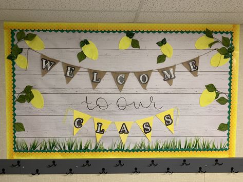 Lemon themed day care classroom bulletin board Lemon Theme Classroom Decor, Lemonade Bulletin Board, Lemon Bulletin Board Ideas, Lemon Bulletin Board, Lemon Theme Classroom, Yellow Classroom, Lemon Classroom, Bulletin Board Ideas For Teachers, Classroom Door Ideas