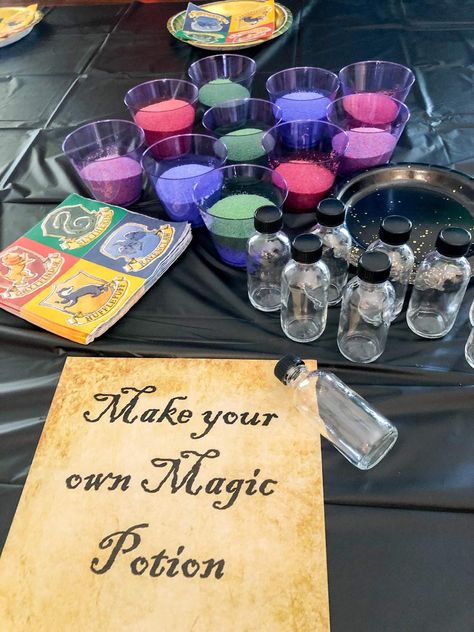 Harry Potter Birthday for Lyla | CatchMyParty.com Harry Potter Sleepover Party, Harry Potter Birthday Party Ideas Games, Potions Party, Harry Potter Theme Birthday Party, Harry Potter Tea Party, Harry Potter Sleepover, Harry Potter Birthday Decorations, Harry Potter Party Games, Harry Potter Birthday Party Ideas