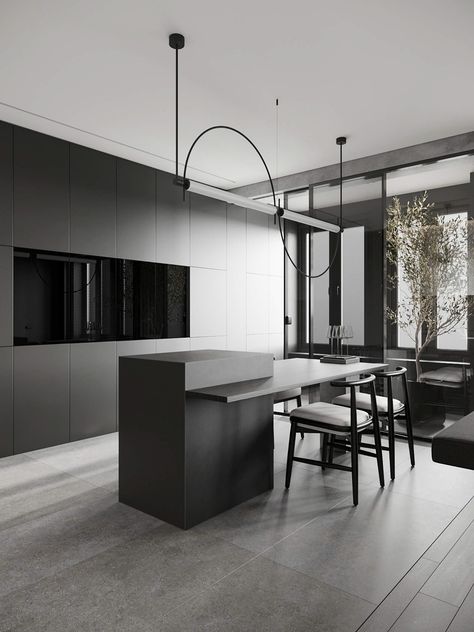 Dark Kitchen Design, Monochromatic Interior Design, Kitchen 2022, Black Kitchen Table, Apartment Painting, Monochrome Interior, Old Apartments, Black Kitchen Cabinets, Dark Kitchen