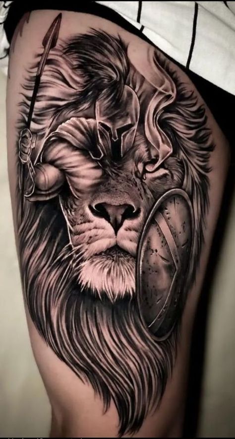 Thigh Lion Tattoo: 23 Majestic and Alluring Designs - besttattoo.wiki - Unveiling Exquisite Ink Art Lion Tattoo Thigh, Tato Back, Simple Tato, Trending Tattoo Designs, Lion Leg Tattoo, Upper Arm Tattoos For Guys, Lion Tattoo On Thigh, Tattoo Bear, Lion Shoulder Tattoo