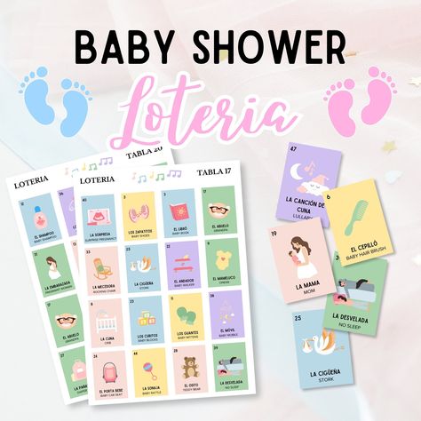 "Baby Shower Loteria / Mexican Bingo comes with 25 Unique Playing Boards (Tablas) and a Deck of 50 Calling Cards (Baraja). This set is bilingual. (English and Spanish) Enjoy and laugh with family/friends as you play this traditional Mexican Bingo Game. Everyone will be sure to love it and want to keep playing! ♥︎ Dimensions / Sizes: Tablas (Boards) : 5 x 7 Baraja (Calling Cards) : 2.5 x 3.6 ♥︎ Please Note: This product is a Digital Download, which means you will NOT receive a physical copy in the mail.  Once you have confirmed payment, you may download these files immediately. Because of that, this product is not eligible for return or exchange on Etsy. ♥︎ Where to Find Your Purchased Files / Digital Downloads - Once you have purchased this product, you will receive an email from Etsy with Baby Shower Loteria, Mexican Baby Shower Games, Baby Shower Game Gifts, Mexican Bingo, Mexican Baby Shower, Game Gifts, Loteria Cards, Baby Bingo, Baby Gender Reveal Party