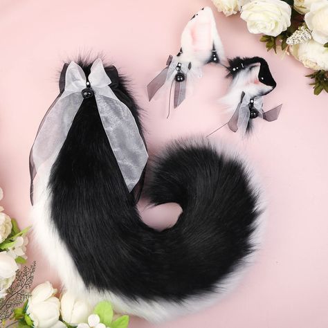 Puppy Ears And Tail, Puppy Ears Headband, Puppy Space, Black And White Puppy, Dragon Ears, Wolf Ears And Tail, Anime Cat Ears, Dragon Tails, Fox Ears And Tail