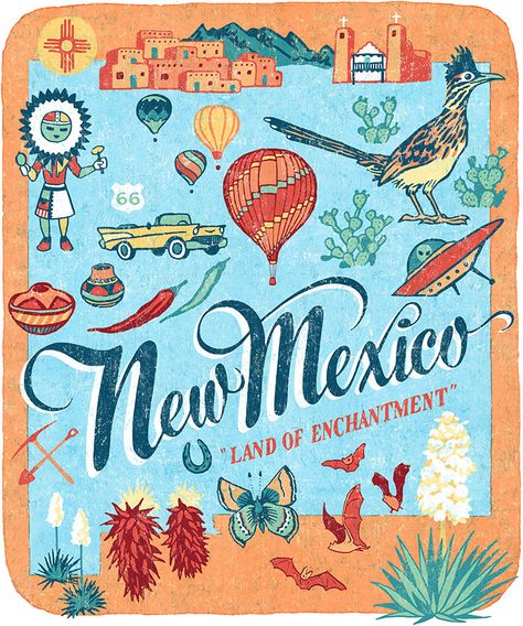 New Mexico illustration by Chandler O'Leary New Mexico Patterns, New Mexico Illustration, New Mexico Tattoo, New Mexico Watercolor, New Mexico Aesthetic, Map Of New Mexico, New Mexico Stickers, Mexico Tattoo, Patriotic Images