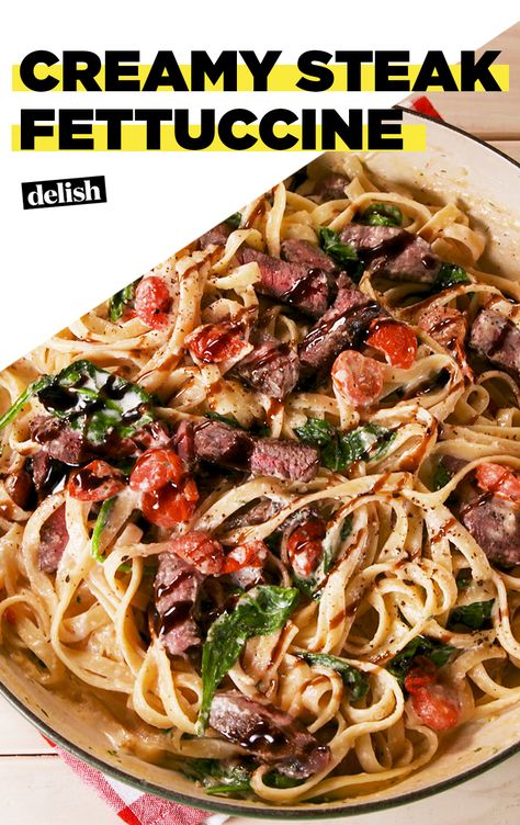 You'll want to eat this Creamy Steak Fettuccine right out of the skillet. Get the recipe at Delish.com. #recipe #easyrecipe #easy #pasta #steak #spinach #tomato #alfredo #cheese #dinner #easydinner #dinnerrecipe #fettuccine #balsamic #comfortfood Creamy Steak Fettuccine, Steak Fettuccine, Creamy Steak, Fettuccine Recipes, Recipes Steak, Steak Sandwiches, Steak Marinade Recipes, Steak Pasta, Easy Steak Recipes