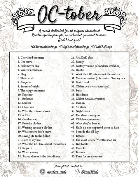 Oc Character Prompts, October Art Prompts, October Prompts, Oc Drawing Prompts, Prompts Drawing, Oc Prompts, Character Background, 30 Day Art Challenge, Art Journal Challenge