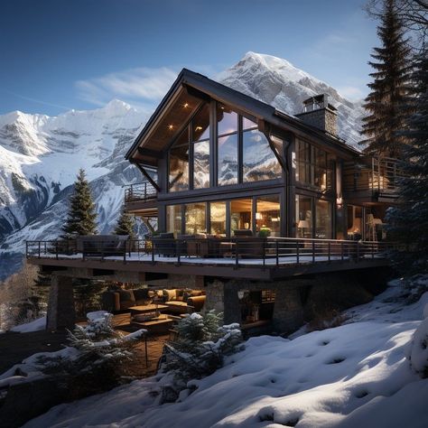 Winter Cabin Aesthetic Exterior, Snowy Mountain Mansion, Cozy House In The Mountains, Houses Exterior Cabin, Mountain Cabin Windows, Hotel Lodge Design, House Between Mountains, Dream House Mountains, Snowy Cabin Interior