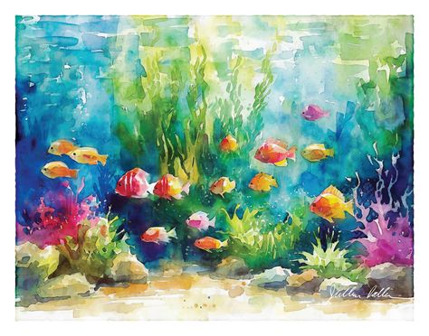 This print is unframed.  A minimalist, peaceful watercolor print of a beautiful aquarium aquascape. Printed on fine art paper, this piece is a terrific gift for aquarium fish enthusiasts. * Printed on archival, acid-free 340 gsm (21 mil) Fine Art Paper, with a soft textured surface, equivalent to watercolor or etching paper. * Giclee print, with Eco-Solvent inks. * To facilitate matting/framing, each print has a 1/2-inch unprinted border included in the size. The size choices refer to the dimensions of the paper. * Each Print is carefully shipped in a rigid envelope or rolled in a tube, depending on the print size. * These prints ship directly from my professional printing partner. Other sizes are available on request. Please contact me if you would like a different print size. For more de Fish Tank Art Painting, Watercolour Aquarium, Watercolor Aquarium, Fish Tank Painting, Fish Tank Art, Aquarium Painting, Peaceful Watercolor, Banister Ideas, Fish Watercolor Painting