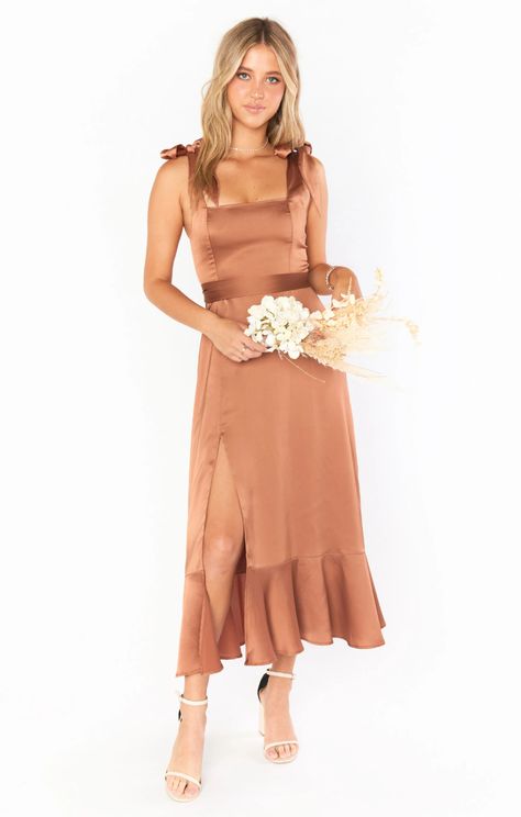 Claire Midi Dress ~ Copper Luxe Satin – Show Me Your Mumu Tan Bridesmaids, Copper Bridesmaid Dresses, Tan Bridesmaid Dresses, Bridesmaid Dresses Midi, Metallic Bridesmaid Dresses, Burnt Orange Bridesmaid Dresses, Casual Bridesmaid Dresses, Rust Bridesmaid Dress, How Many Bridesmaids