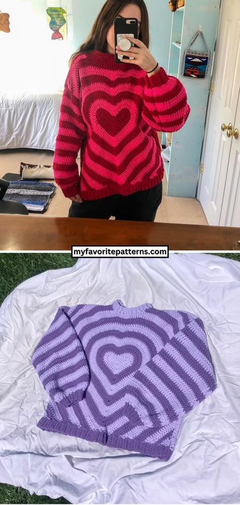 Free Crochet Heart Sweater Pattern Crochet Cardigan With Hearts, Crochet Heart Pattern Sweater, Crochet Holiday Sweater Pattern, Valentines Crochet Sweater Pattern, Knit Heart Sweater Pattern, Fun Crochet Sweater Pattern, Free Crochet Patterns Websites, Crochet Clothes Simple, Low Yarn Crochet Projects