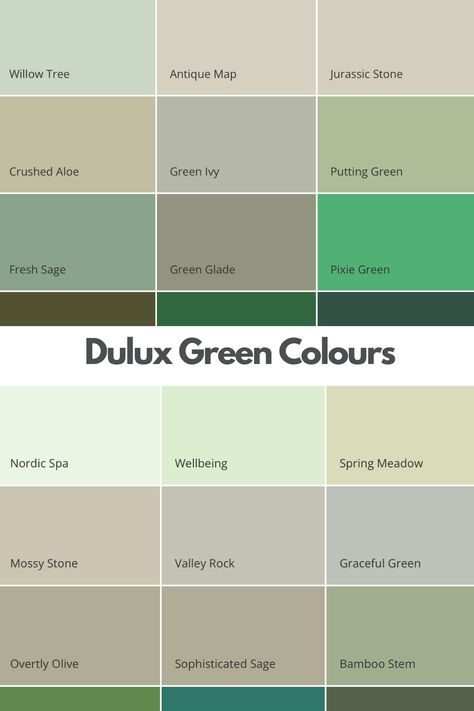 Dulux green colours, this image shows over 25 different green paint colours by Dulux ranging from light sage green to shades to more defining dark green colours. Dulux Graceful Green, Sage Dulux Paint, Dulux Bamboo Stem, Dulux Light Green Paint Colours, Dulux Dark Green Paint, Dulux Pale Sage, Dulux Green Living Room, Shades Of Green Interior, Dulux Forest Shade