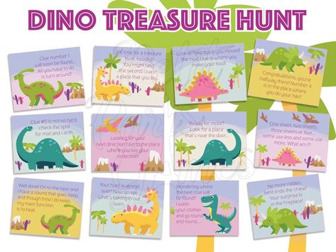 Dinosaur Treasure Hunt, Dino Scavenger Hunt, Dinosaur Scavenger Hunt, Dino Activity, Dino Activities, Treasure Hunt Birthday, Bear Activities, Indoor Party Games, Birthday Games For Kids