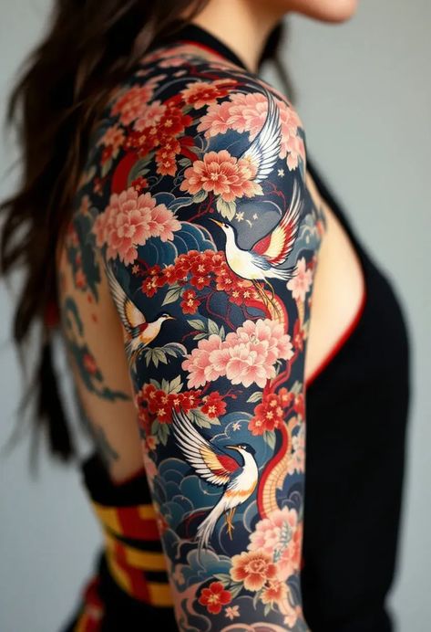 Weave a tapestry of culture on your skin with tattoos inspired by traditional Japanese embroidered patterns. Featuring elements such as kimonos, cherry blossoms, and cranes, this vibrant design is rich with symbolism and intricate details, reflecting personal journeys and cultural appreciation. Traditional Cherry Blossom Tattoo, Japanese Inspired Tattoos, Cultural Appreciation, Embroidered Patterns, Inspired Tattoos, Japanese Tattoos, Japanese Tattoo, Vibrant Design, Traditional Japanese