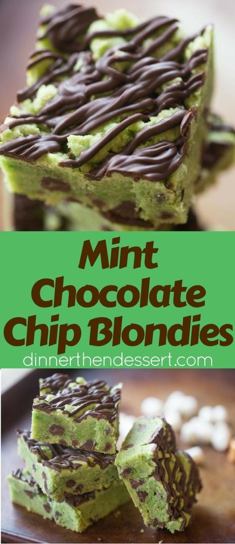 Mint Chocolate Chip Blondies that taste just like your favorite ice cream flavor in thick cookie bar form loaded with chocolate chips and a chocolate drizzle. Chocolate Chip Blondies Recipe, Dinner Then Dessert, Ice Cream Flavor, Chocolate Chip Blondies, Fudgy Brownie, Mint Recipes, Blondies Recipe, Dessert Bar Recipe, Mint Chocolate Chip