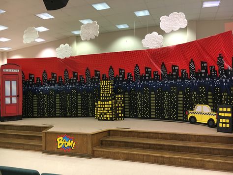 Vbs Superhero Theme, Plastic Backdrop, Hero Central Vbs, Superhero Vbs, Cityscape At Night, Hero Crafts, New York Theme, Superhero Classroom, Vbs Themes