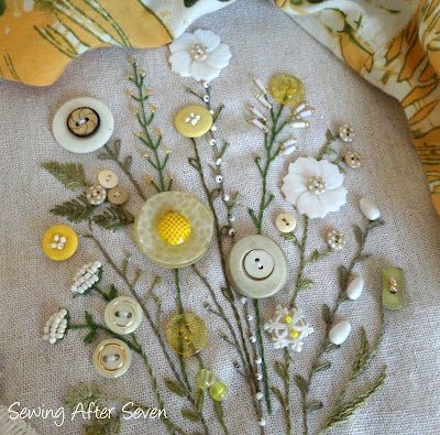 Button And Embroidery Art, Buttons Embroidery, Embroidery With Buttons Ideas, Button Embroidery, Vintage Buttons Crafts, Button Creations, Embroidery Stitches Beginner, Crazy Quilt Stitches, Wool Applique Patterns