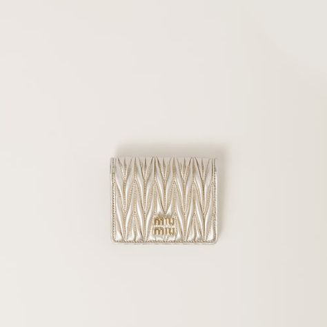 Pyrite Small Matelassé Nappa Leather Wallet | Miu Miu Small Wallets For Women, Metal Lettering, Miu Miu Handbags, Small Leather Wallet, Miu Miu Bag, Leather Passport Holder, Miu Miu Wallet, Lettering Logo, Small Wallet