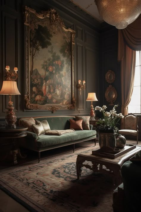 Old World aesthetic living room design concept Roman Inspired Living Room, Modern Vintage House Decor, Old World Living Room, Modern Victorian Interiors, Formal Living Room Designs, Old World Design, Victorian Living Room, Dark Living Rooms, Victorian Interior