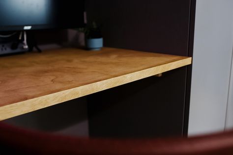 Plywood is one of our favorite inexpensive ways to DIY furniture, shelving and desks. Here’s how we take our inexpensive project and make it look like high-end solid wood. Our … The post How to Make Plywood Look like Solid Wood appeared first on Crazy Life with Littles. Diy Desk With Plywood Top, How To Make Plywood Look Good, Plywood Desk Diy, Long Wood Desk, Plywood Desk Top, Desk Top Ideas, Skate Room, Cheap Plywood, Desk Makeover Diy