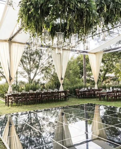 Backyard Wedding With Dance Floor, Wedding Tent Dance Floor Ideas, Wedding Tent With Dance Floor, Greenery Over Dance Floor Wedding, Outdoor Wedding Tent Ideas With Dance Floor, Wedding Mirror Dance Floor, Wedding Dance Floor Beach, Dance Floor Reception, Wedding Decor Dance Floor