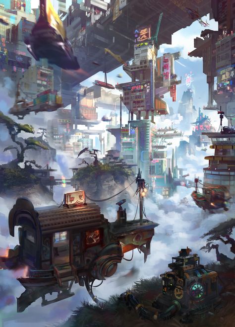 ArtStation - Busan 2070, robin lhebrard Drawn Scenery, Concept Art Landscape, Steampunk City, Scene Setters, Art Steampunk, Nathan Drake, Arte Cyberpunk, Fantasy City, Fantasy Setting