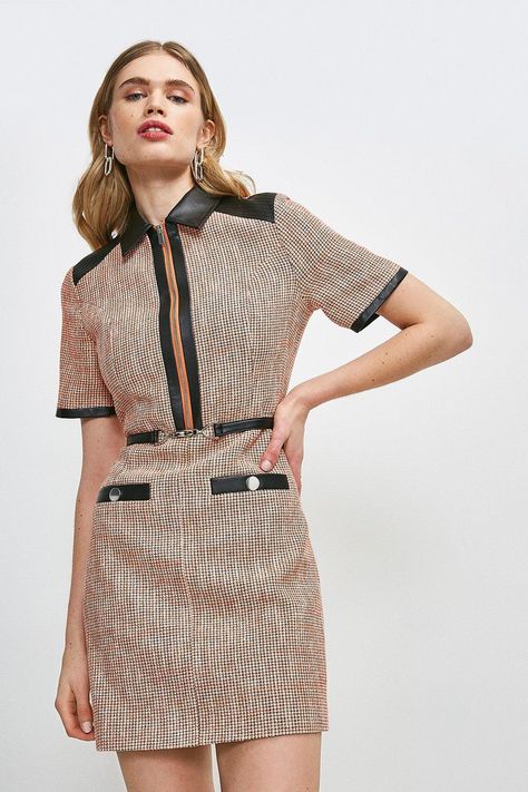 Chic Tailored Long Sleeve Tweed Dress, Luxury Chic Short Sleeve Tweed Dress, Luxury Short Sleeve Tweed Dress, Fitted Tweed A-line Mini Dress, Neon Palette, Contrast Collar Dress, Chic A-line Tweed Mini Dress, Lady Outfit, Boss Lady Outfit